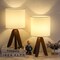 Natural Wood Tripod Table Lamp, White Linen Fabric Shade Bedside Night Lamp with Long Cord & Inline Push Switch
